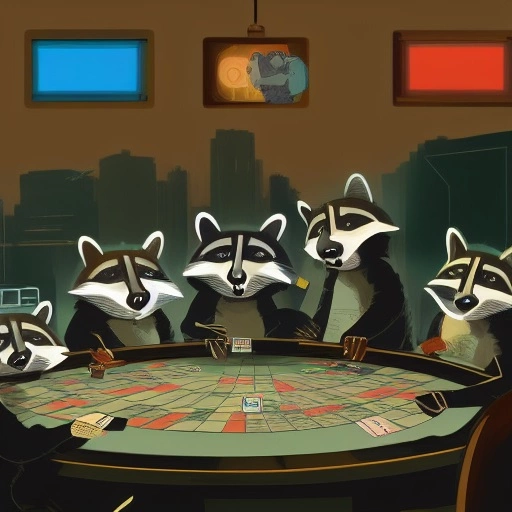 50182-1707920487-cyberpunk illustration of four raccoons playing poker, on raccoon is smoking a cigarette.webp